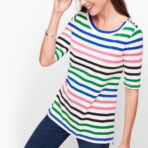 Talbots Striped Button Shoulder Elbow Length Sleeve Tee - Size XS